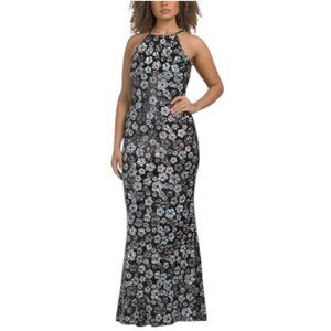 BETSY & ADAM High Neck Sequin Flower Gown